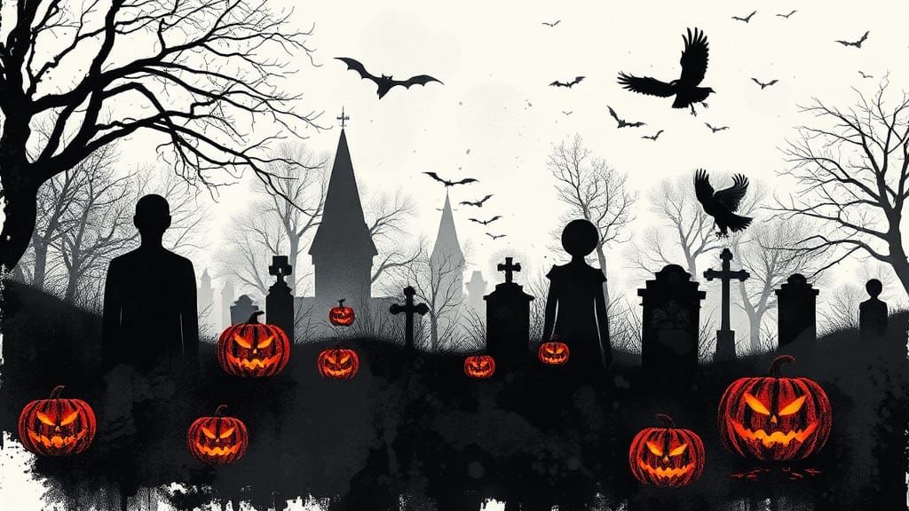 Halloween Graveyard Scene in Double Exposure Ink Art