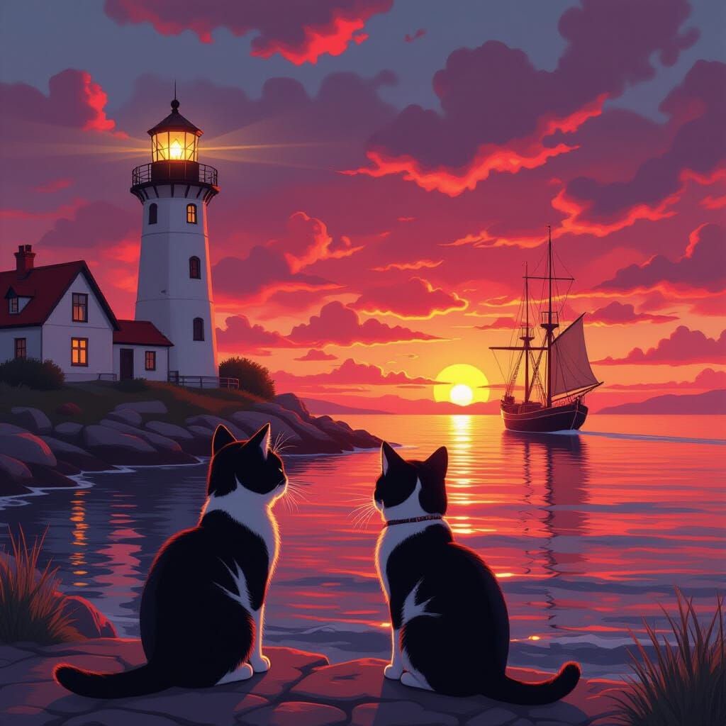 Cats Watch Sunset in Coastal Town, Realistic Style