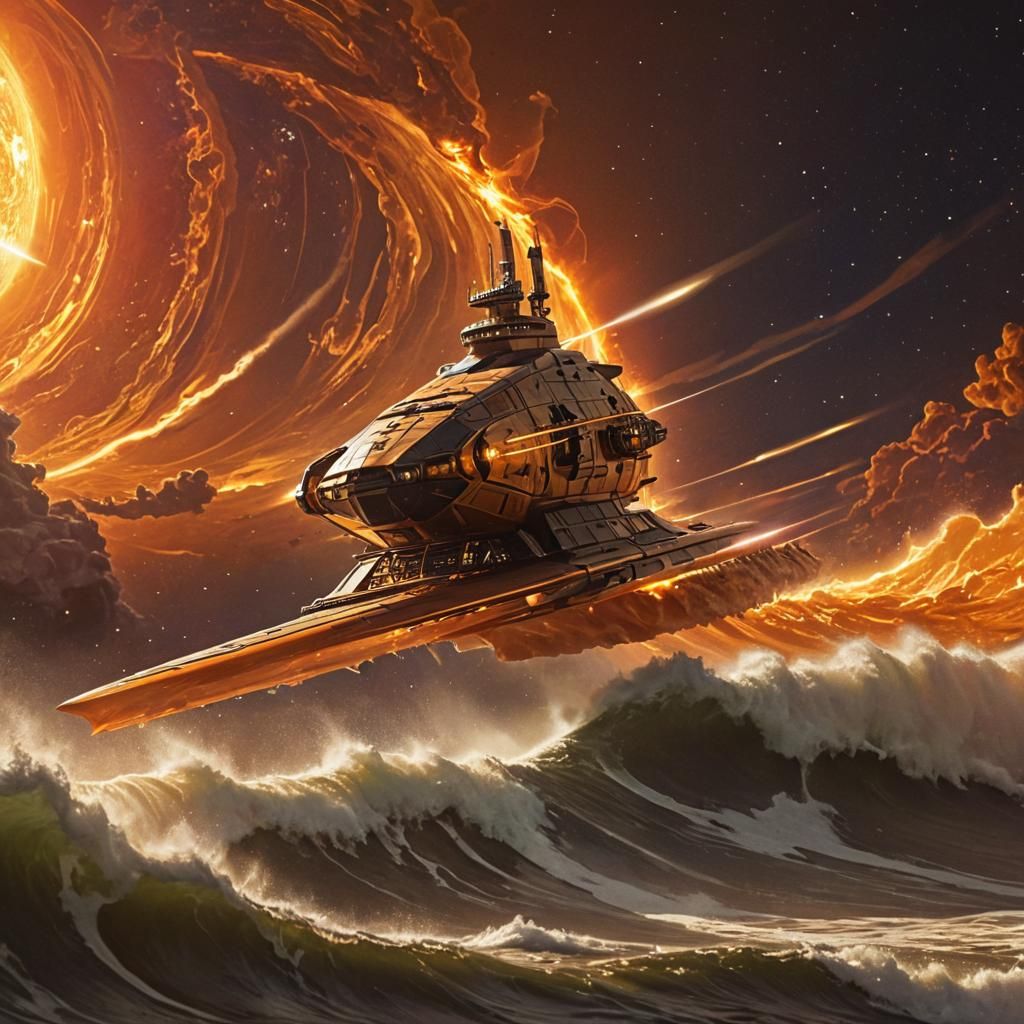 Spaceship Rides Solar Wave: Abstract Expressionist Space Art