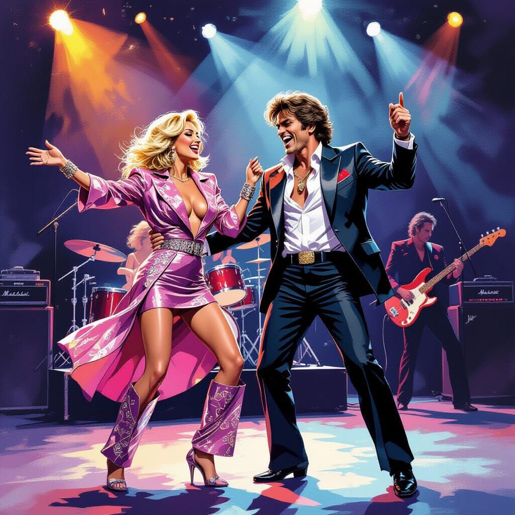 Couple Dancing at Rock Concert in Gouache Style