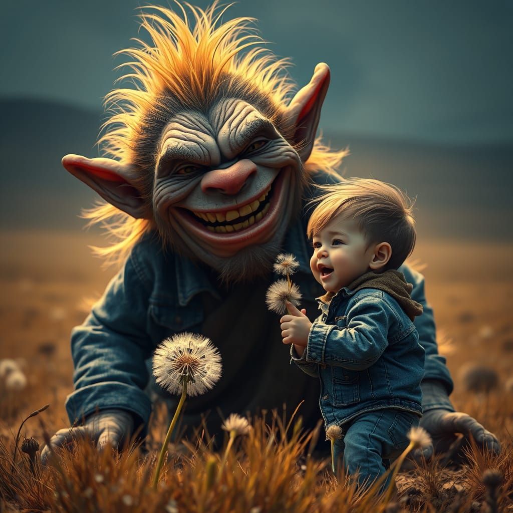 Giant Troll's Dandelion Wish in Hyper-Realistic Style