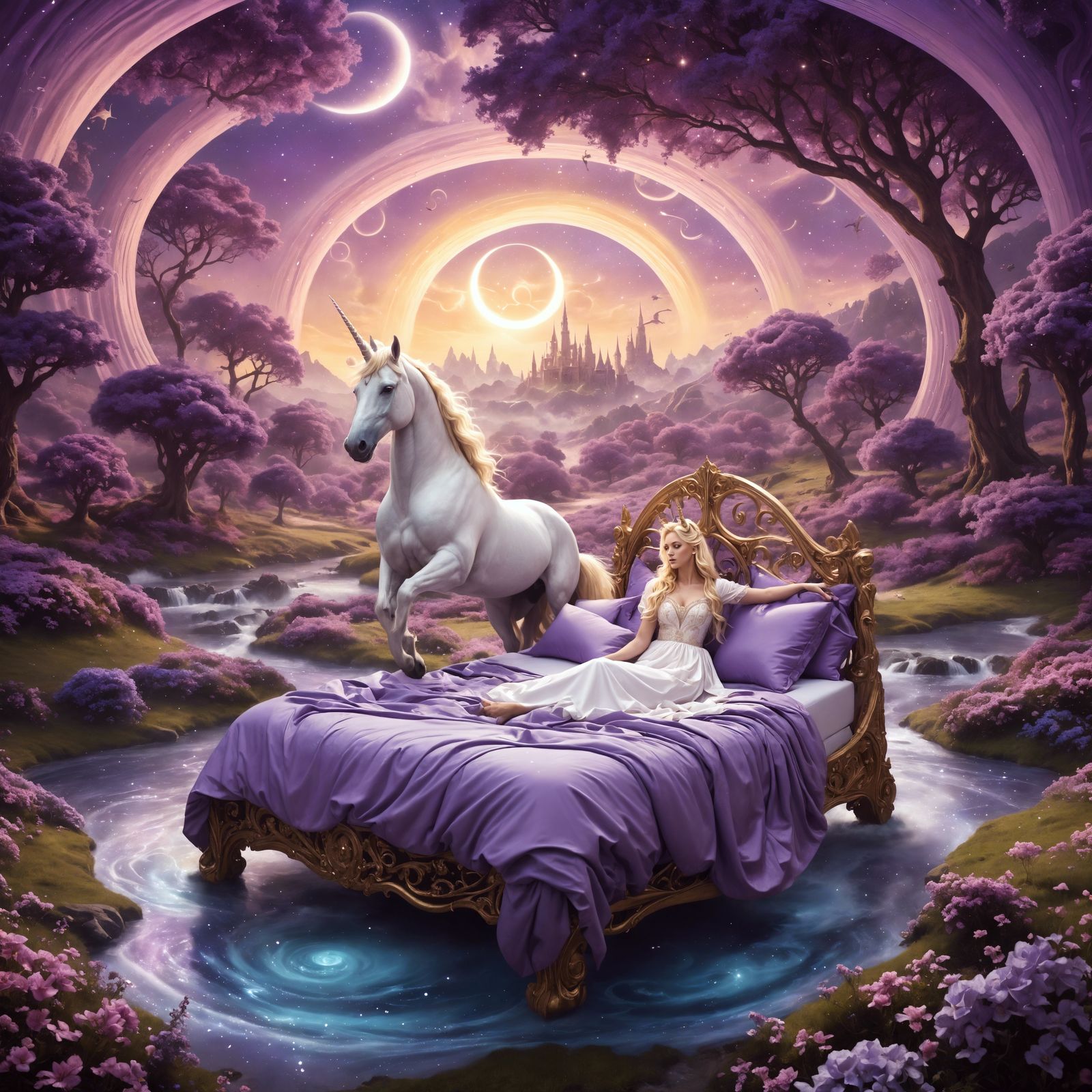 A surreal and fantastical image depicting a scene of unicorn...