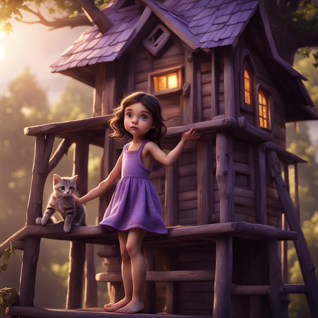 Girl and Kitten Climb to Treehouse: Fantasy Art