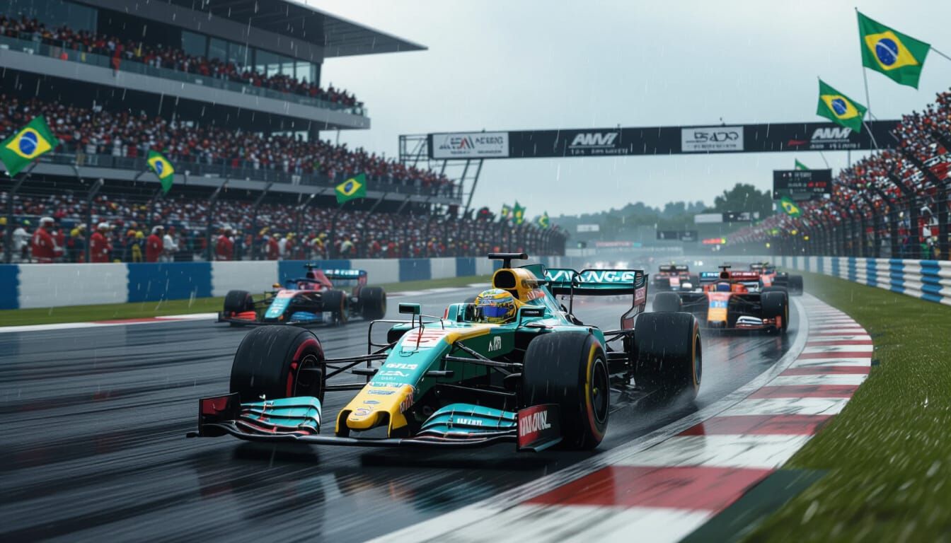 Futuristic Formula One Car Leads Race in the Rain