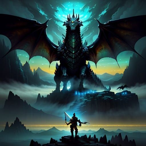 Epic Fantasy Warrior Defeats Dragon on Mountain Peak