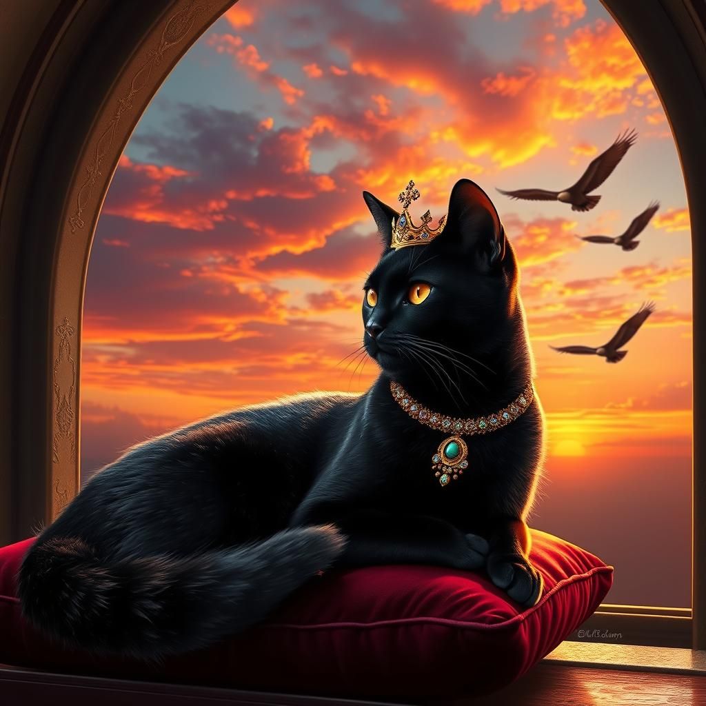 Black Cat with Diadem in Gothic Window