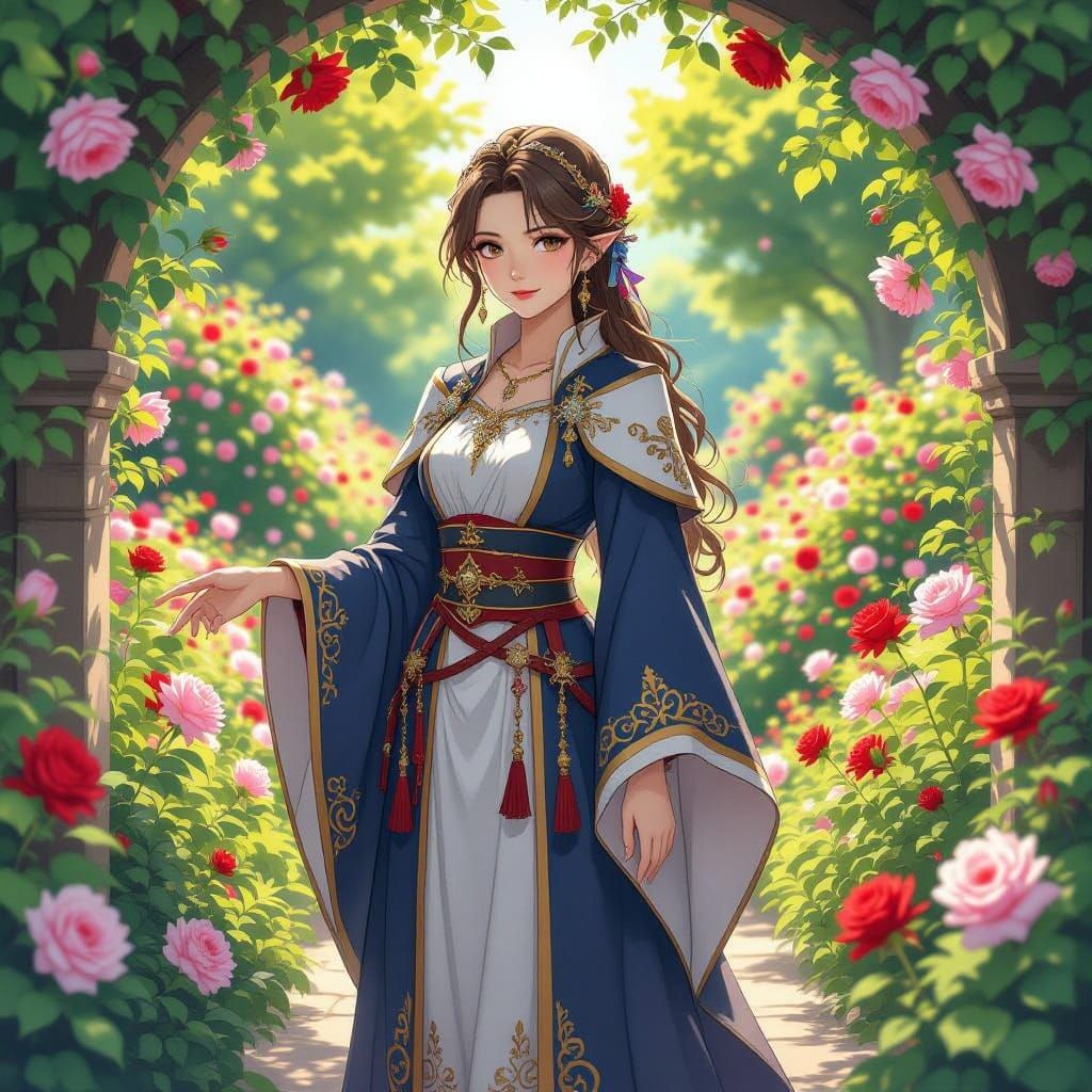 Medieval Mage Princess in Vibrant Rose Garden