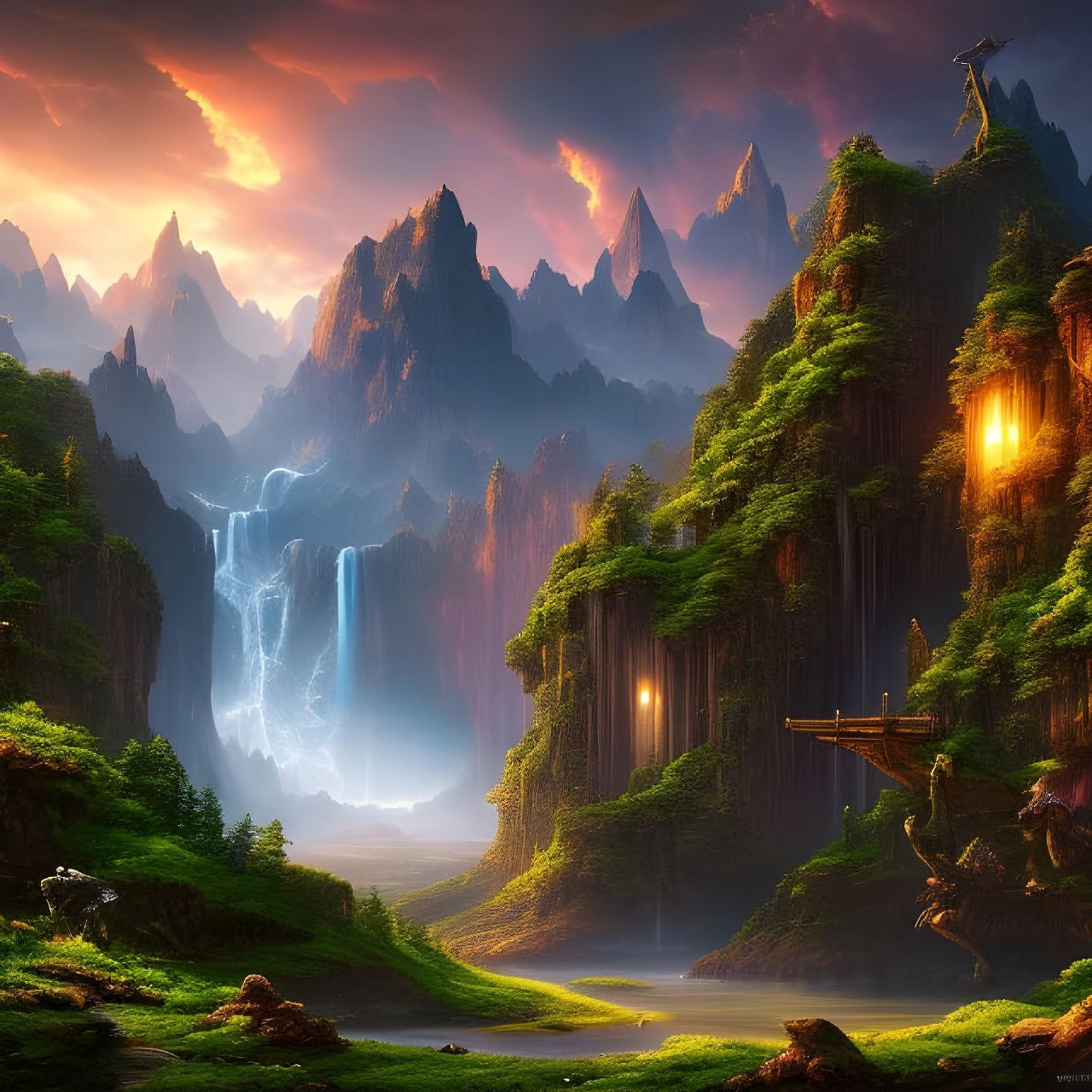 Waterfalls, mountains, trees, greenery, ๐ฑ๐ฟโ๏ธ๐ Sharp contrast, high black point, Deep depth of field, sharp focus, cin...