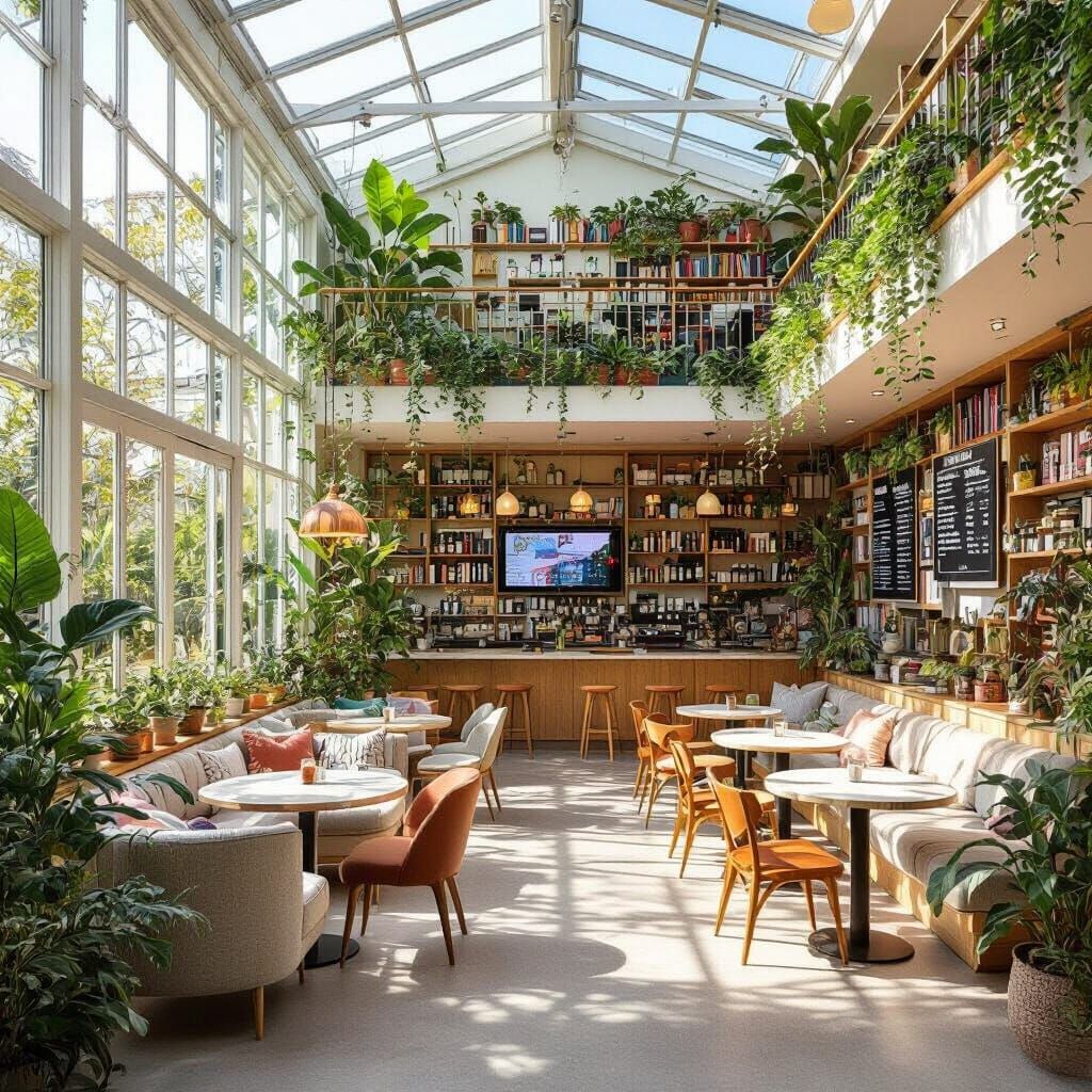 Cozy Greenhouse Cafe with Floor-to-Ceiling Bookshelves