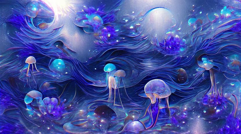 Blue Mushroom and Jellyfish Dreamscape by Pablo Amaringo