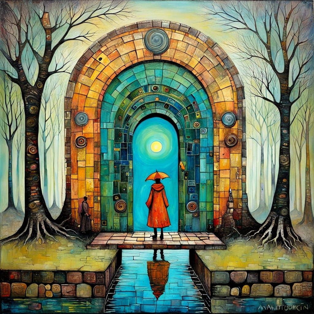 Mystic Portal Encaustic Painting with Textured Primitive Sty...