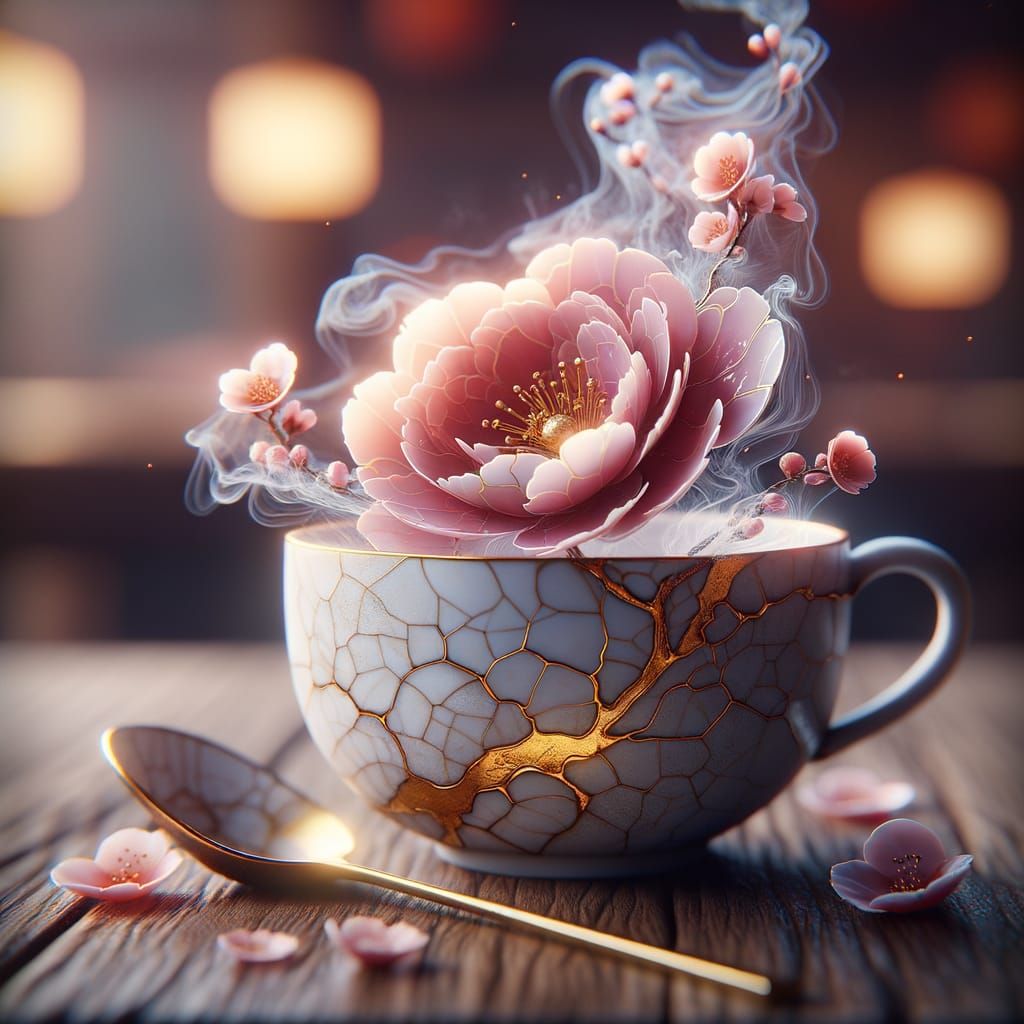 Kintsugi Tea Cup with Sakura Steam, Octane Render