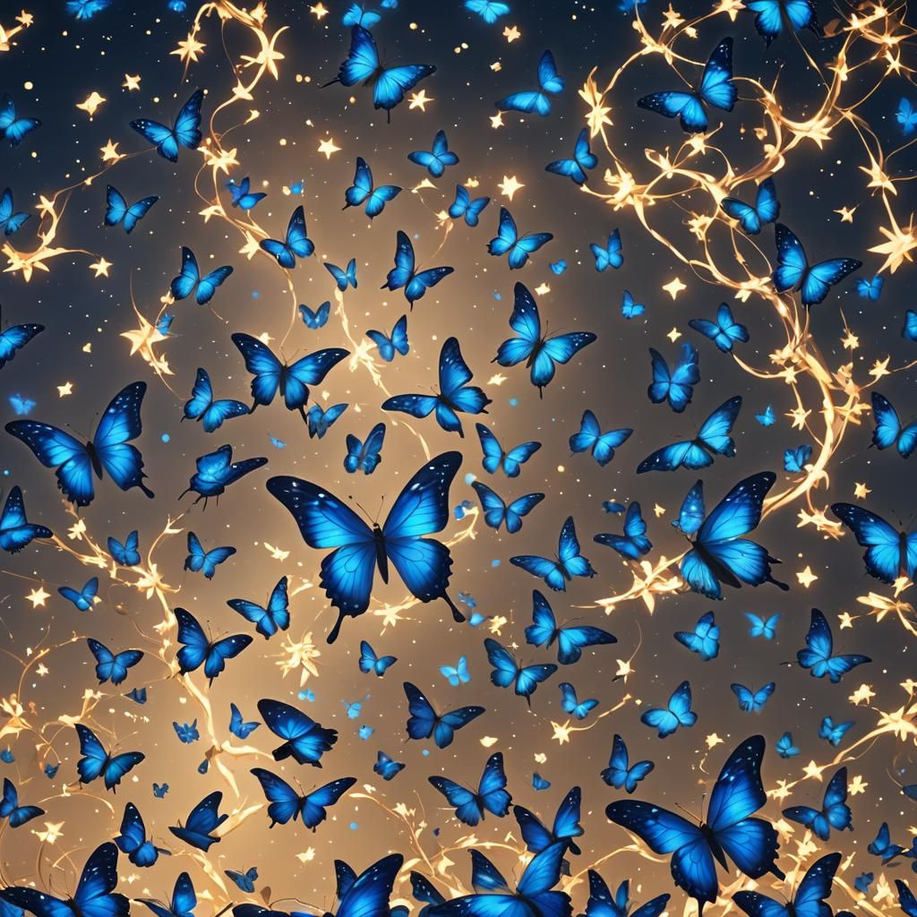 Blue Butterflies in Starry Night Sky: 3D Anime Art