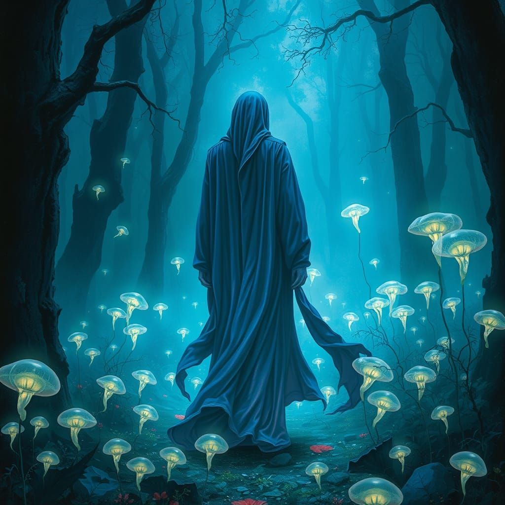 Imagine a lone, spectral figure draped in shimmering, ethere...