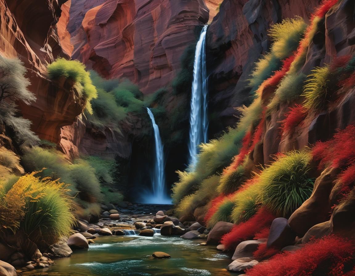 Desert Canyon Waterfall in Dreamy Impressionist Style