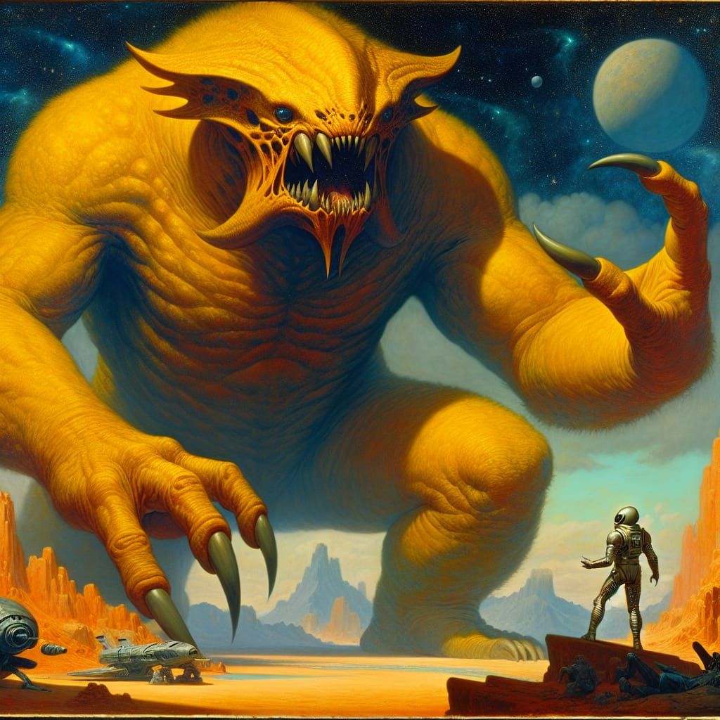 Colossal Beast Confronts Alien Soldier: Sci-Fi Oil Painting