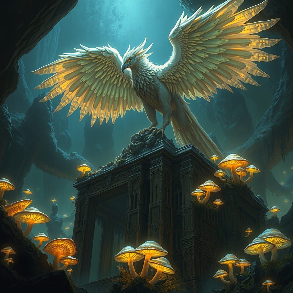 Majestic Griffin on Ancient Ruins in Luminous Fungal Jungle