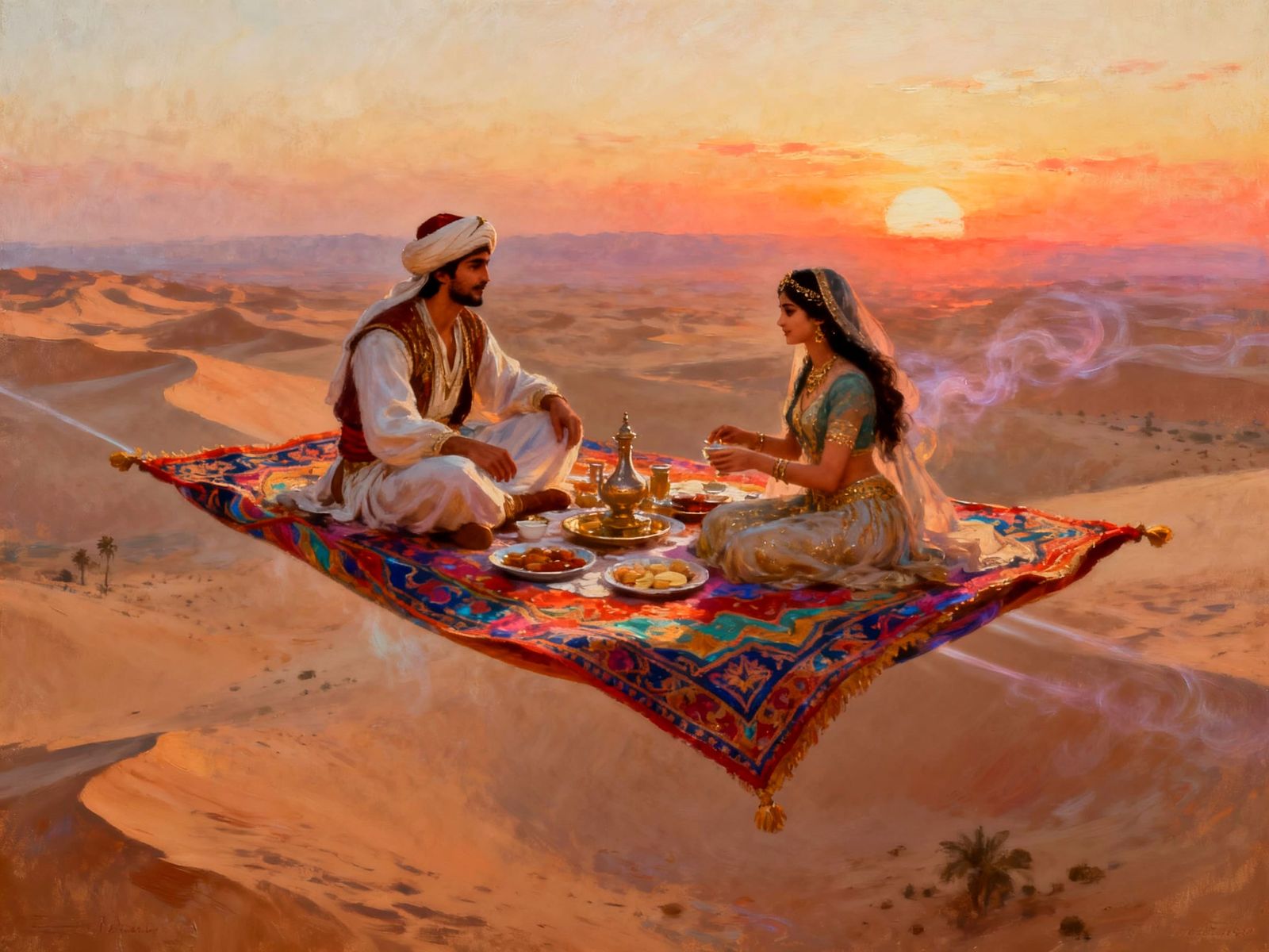 Arabian Couple's Desert Picnic on Magic Carpet