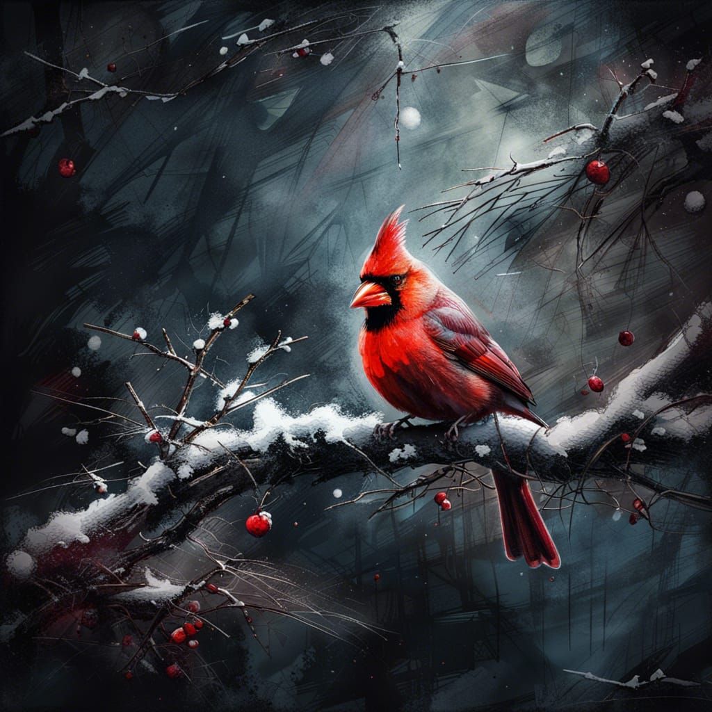 Cardinal on Snowy Branch in Digital Oil Painting