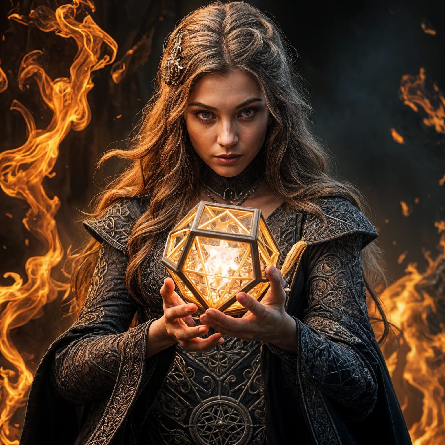 Sorceress Creates Octahedron in Dark, Hyperrealistic Style