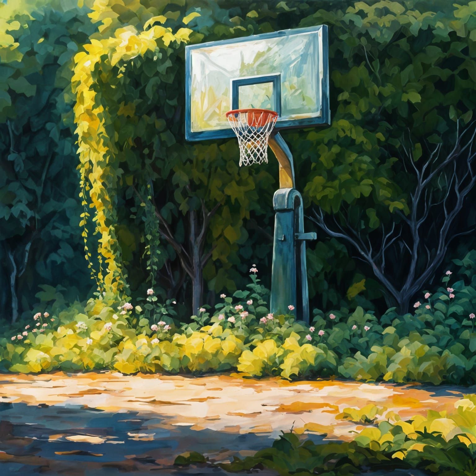 Impressionistic Abandoned Basketball Court Reclaimed by Natu...