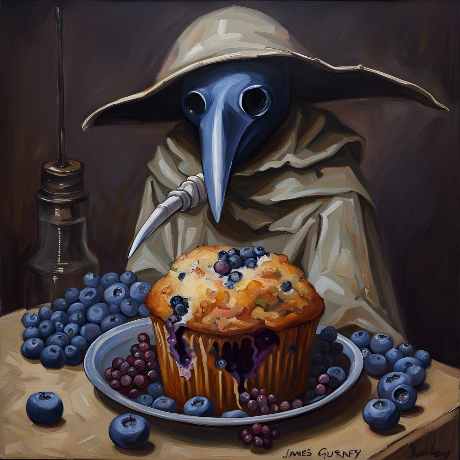 Blueberry Muffin Plague Doctor in Oil Painting Style