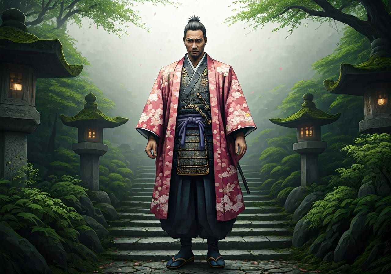 Japanese Samurai Warrior Surrounded by Cherry Blossoms in Ki...