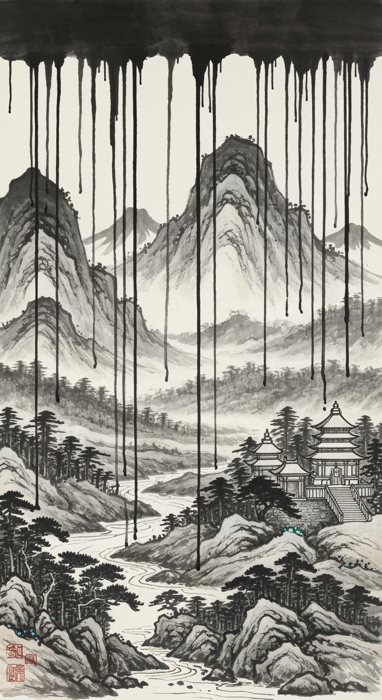 Japanese Mountain Sect Landscape in Black Ink Painting Style
