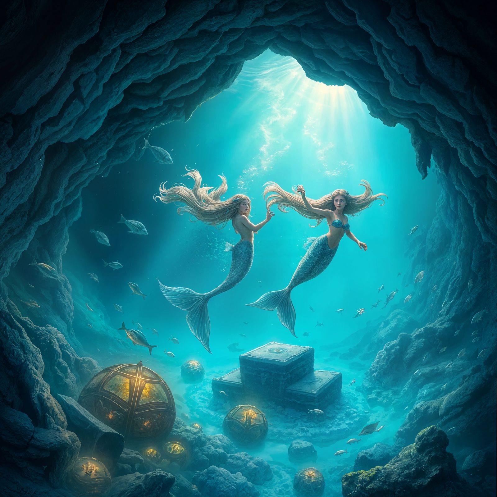 Glowing Underwater Cave with Mermaids Swimming in Treasure T...