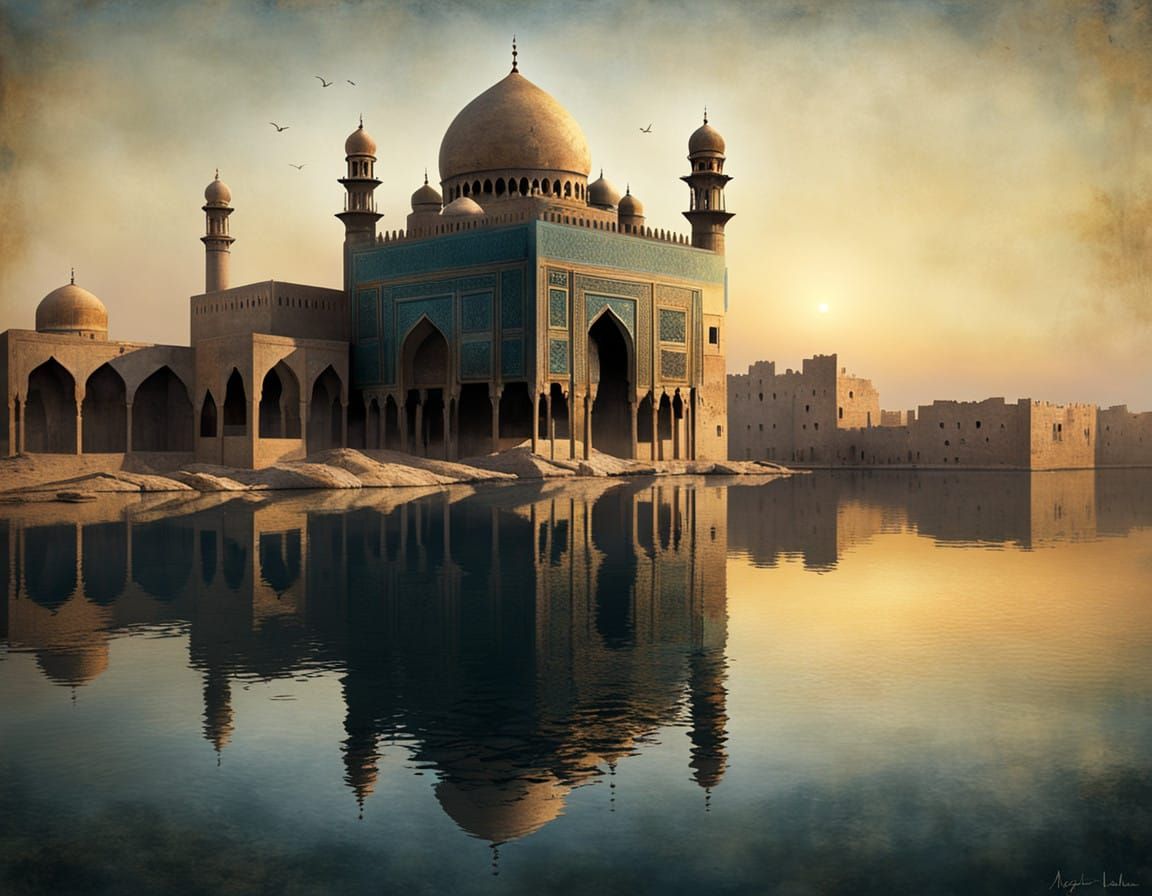 Arabian Ruined City Reflected in Sunset Lake