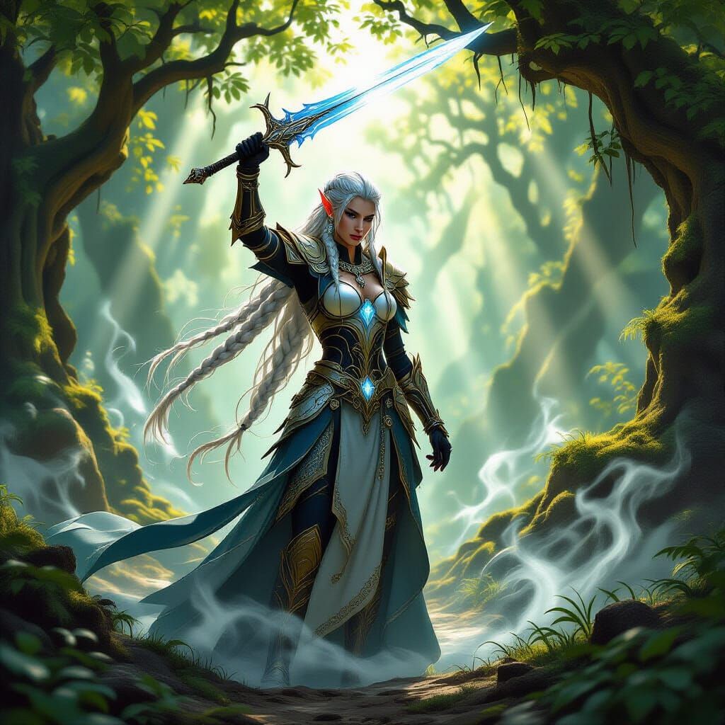 Proud Elf Warrior with Crystal Sword in Sunlit Forest