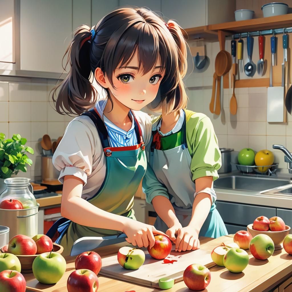 Anime Girl Cutting Apples in Kitchen with Soft Light