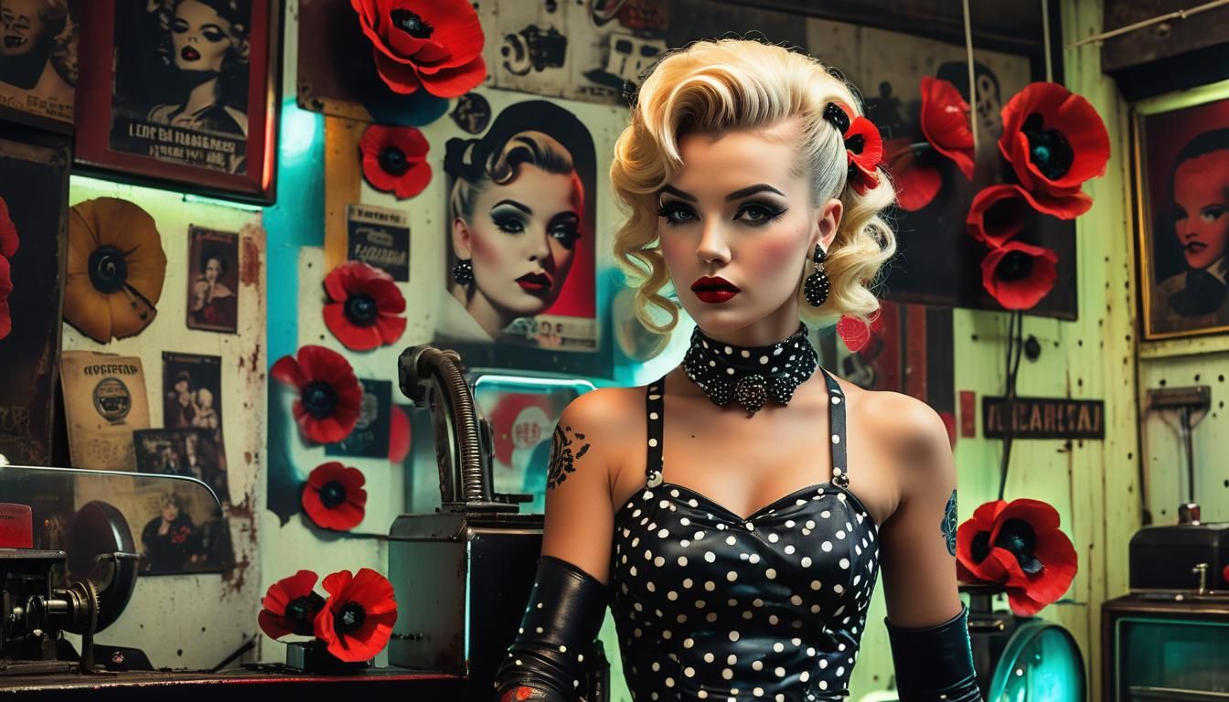 Cyberpunk Bombshell in Retro Tattoo Parlor