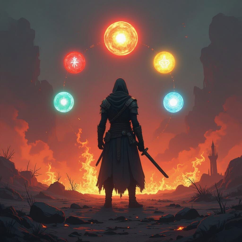 Mystical Warrior in Apocalyptic Landscape with Karma Orbs