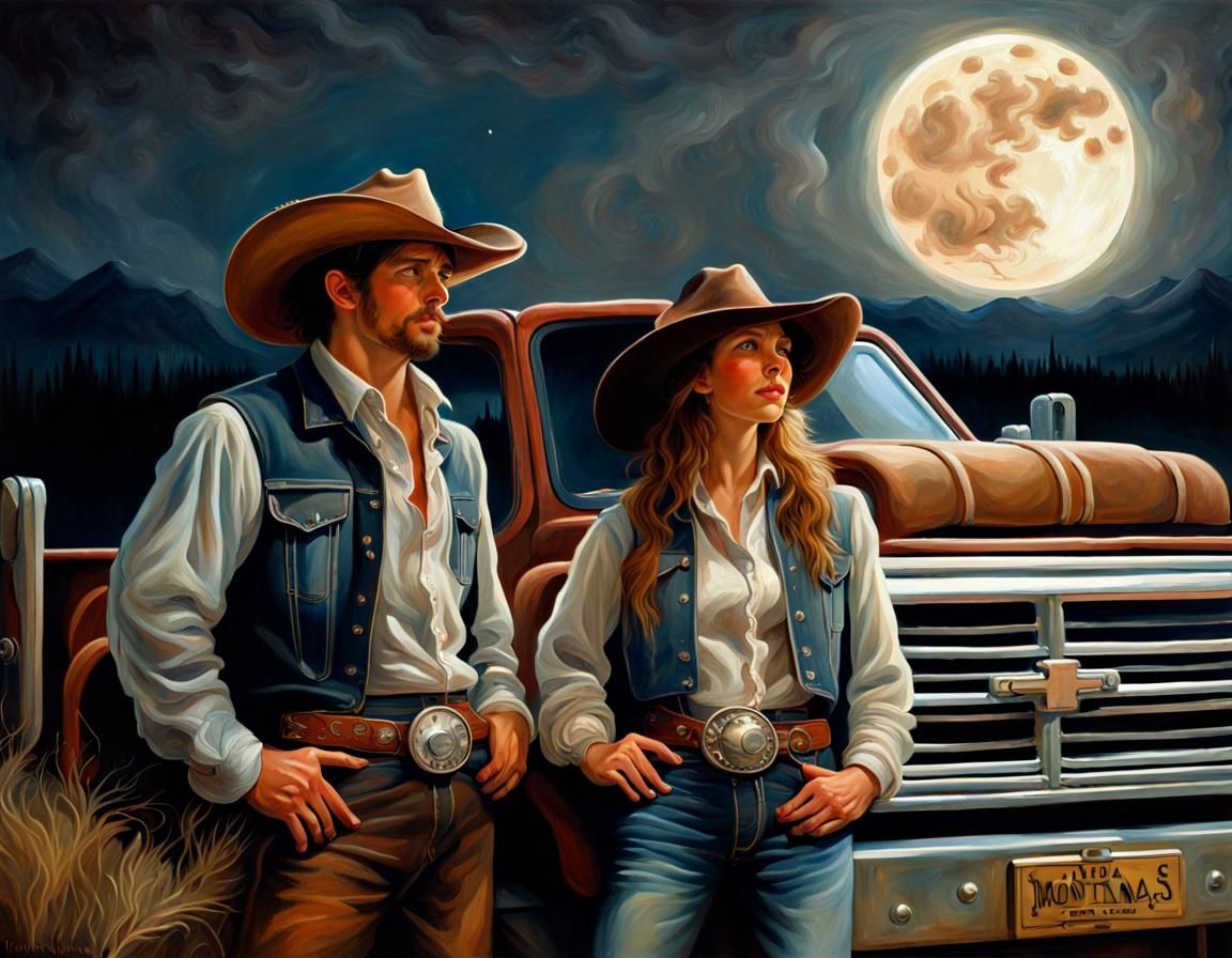 Cowboy and Cowgirl Moonlit River Romanticism Painting