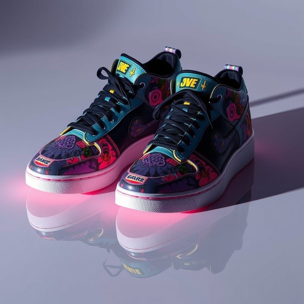 Vibrant Futuristic Sneakers on Reflective Surface