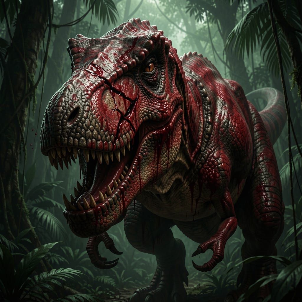 Fearsome T-Rex with Bloodstained Gash in Digital Art Style