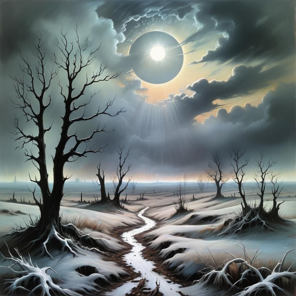 Eerie Frozen Landscape with Dim Sun as Oil Painting