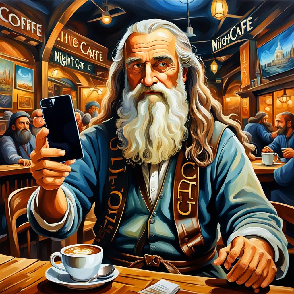 Time Clashes Leonardo da Vinci Takes a selfie in night cafe