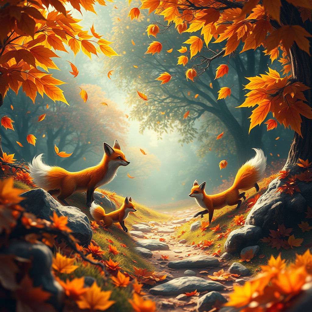 Whimsical Foxes in Vibrant Autumn Landscape