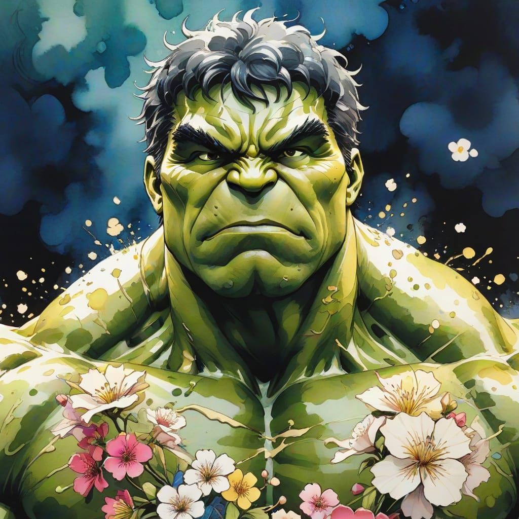 Hulk Surrounded by Flowers in Sumi-e Style