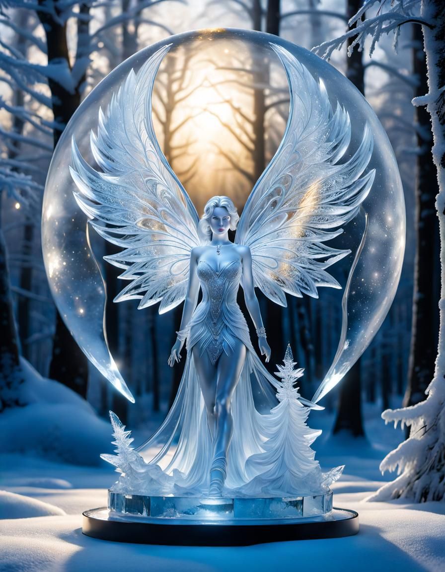 Icy Fairy Sculpture in Frozen Forest at Night