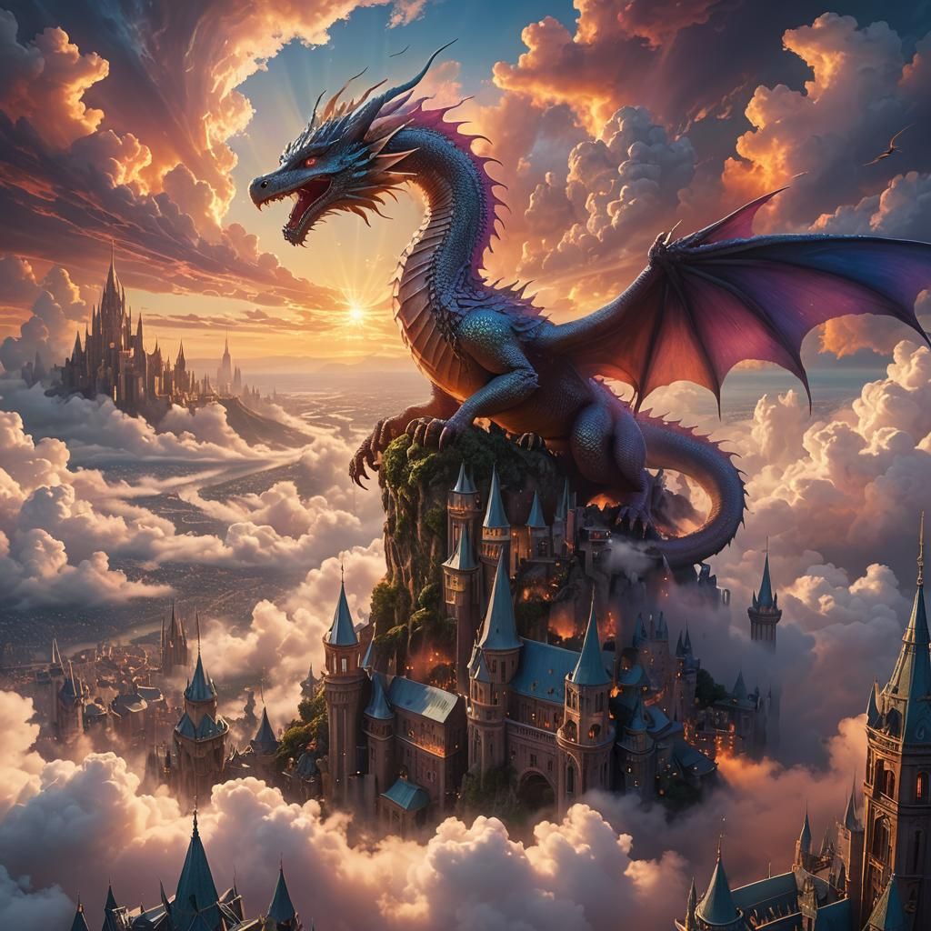Faerie Dragon Soaring Over Cloud City at Sunset
