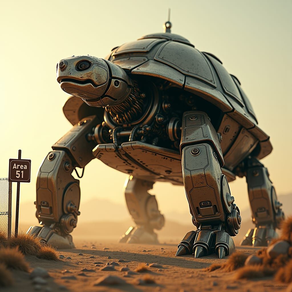 A huge, complicated mechanized turtle with a muzzle in front of its mouth, in military camouflage colors, guarding a plo...