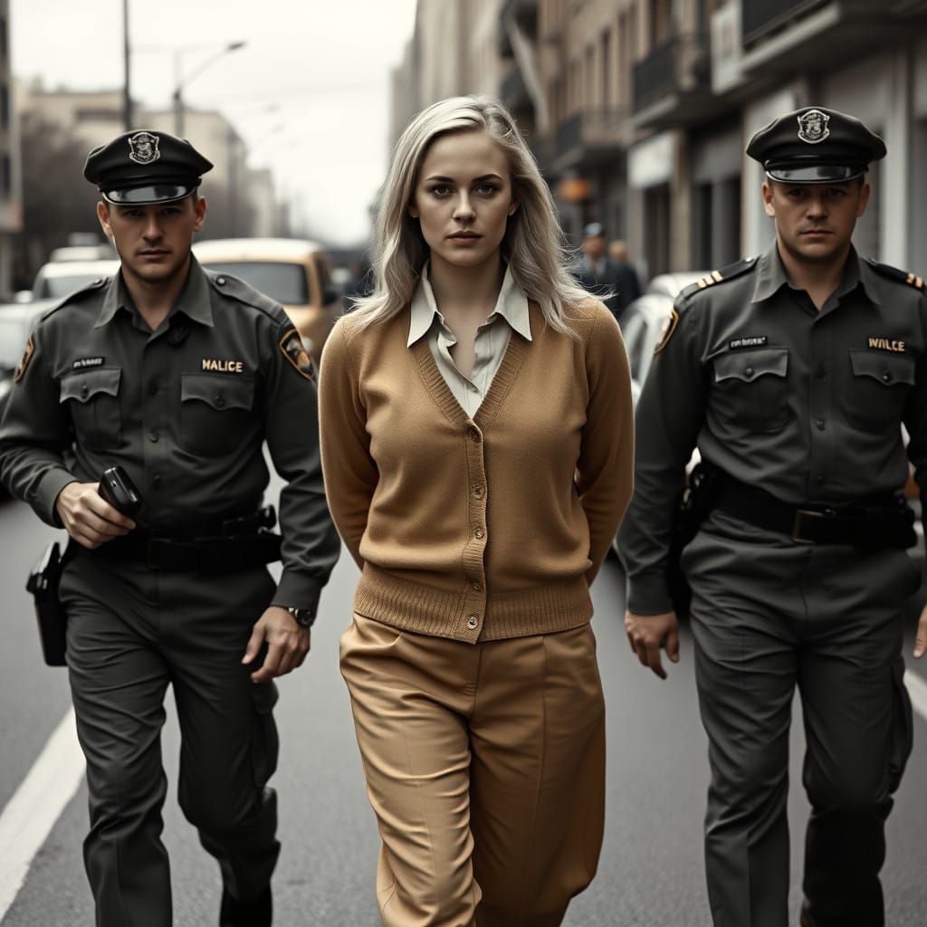Classic Documentary Style Woman Escorted by Guards in Retro...