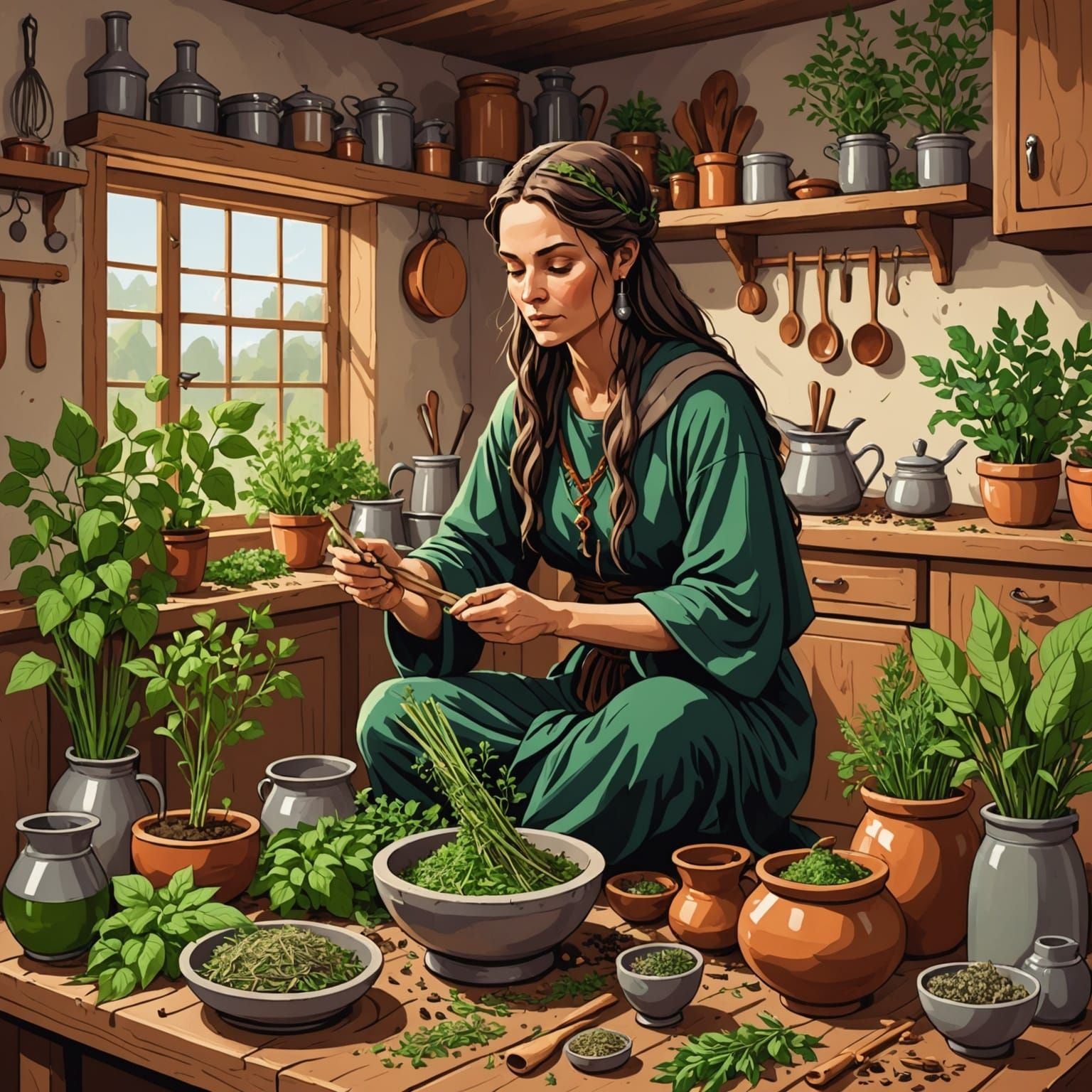 Druidess Making Herbal Medicine, Art Nouveau Style