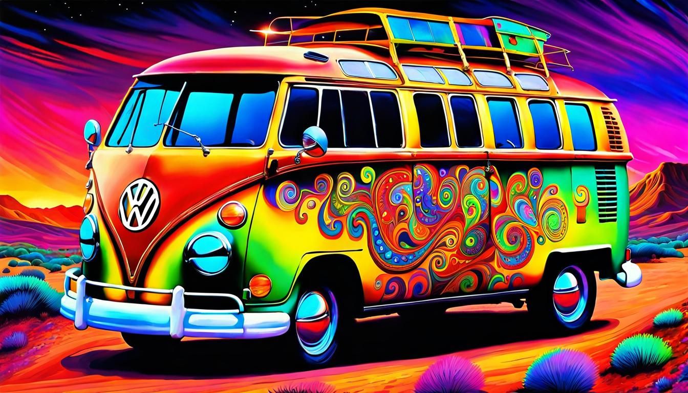 Psychedelic VW Bus on Desert Road in Digital Art
