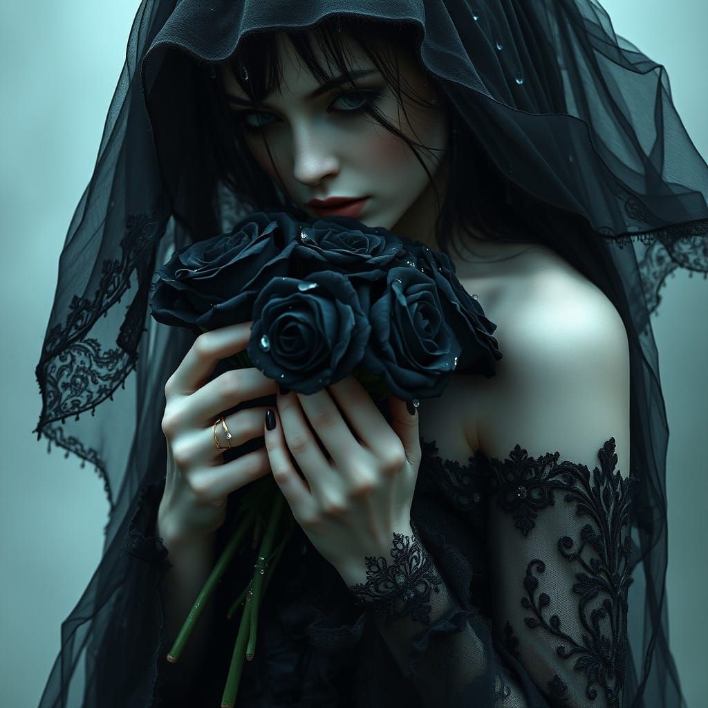Mysterious Woman in Black Veil, Holding Dark Roses in a Haun...