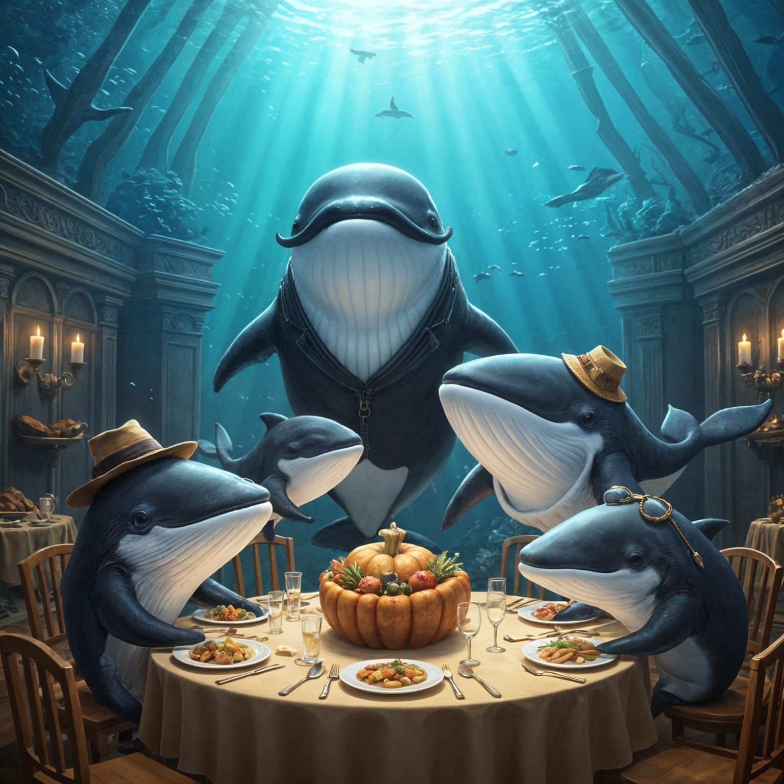 Whale Family Thanksgiving Feast Underwater Banquet