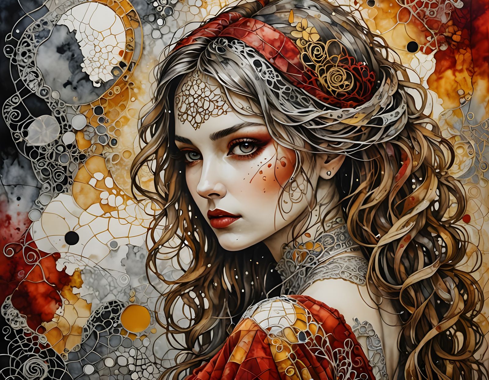 Sensual Woman Portrait in Surreal Watercolor Fantasy